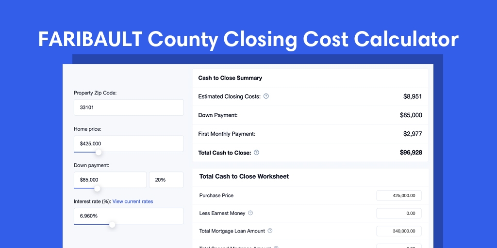 Faribault County, MN Mortgage Closing Cost Calculator with taxes, homeowners insurance, and hoa