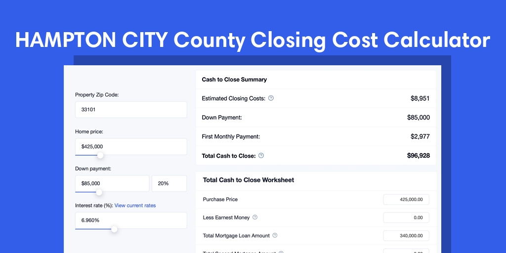 Hampton City County, VA Mortgage Closing Cost Calculator with taxes, homeowners insurance, and hoa