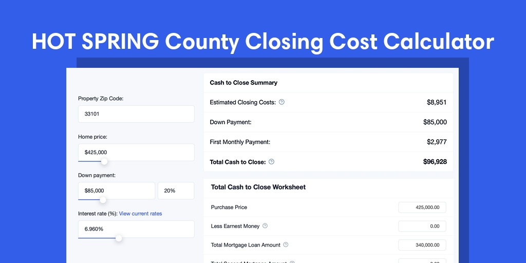 Hot Spring County, AR Mortgage Closing Cost Calculator with taxes, homeowners insurance, and hoa