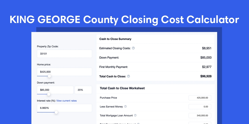 King George County, VA Mortgage Closing Cost Calculator with taxes, homeowners insurance, and hoa