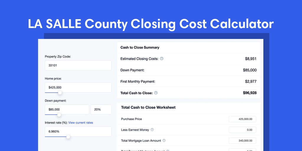 La Salle County, LA Mortgage Closing Cost Calculator with taxes, homeowners insurance, and hoa