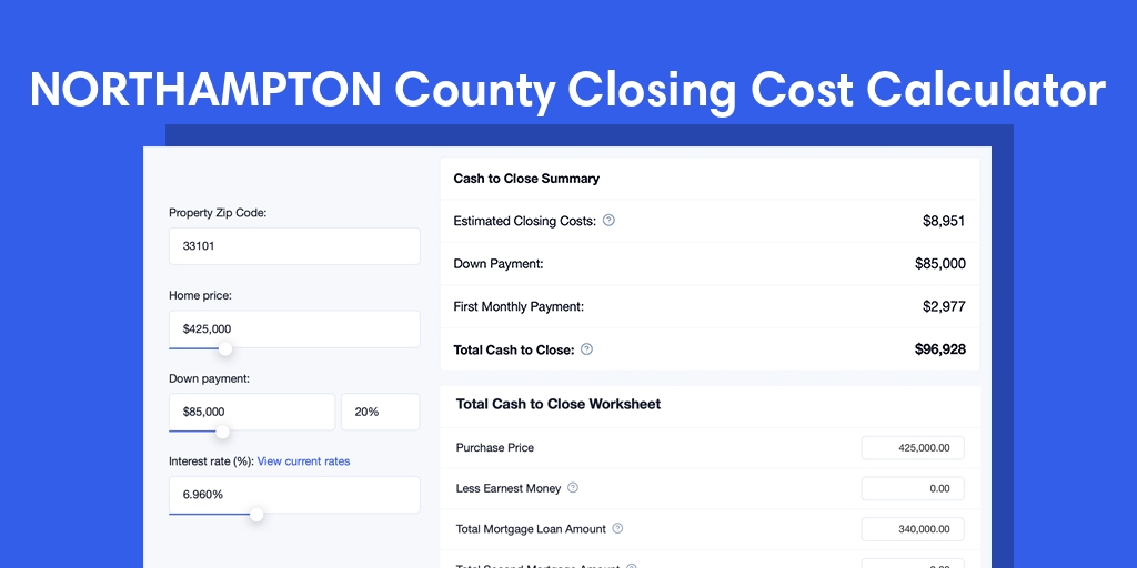 Northampton County, VA Mortgage Closing Cost Calculator with taxes, homeowners insurance, and hoa