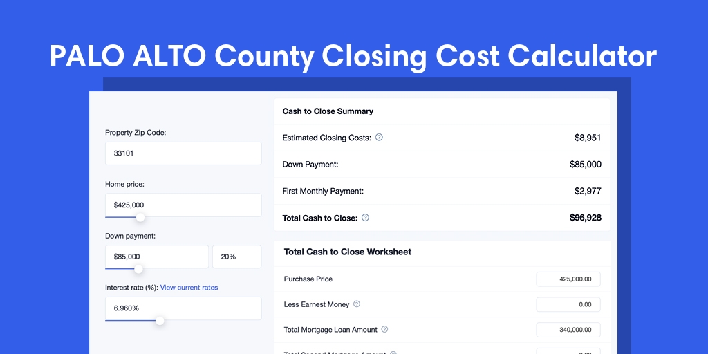 Palo Alto County, IA Mortgage Closing Cost Calculator with taxes, homeowners insurance, and hoa