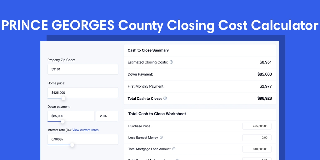 Prince Georges County, MD Mortgage Closing Cost Calculator with taxes, homeowners insurance, and hoa