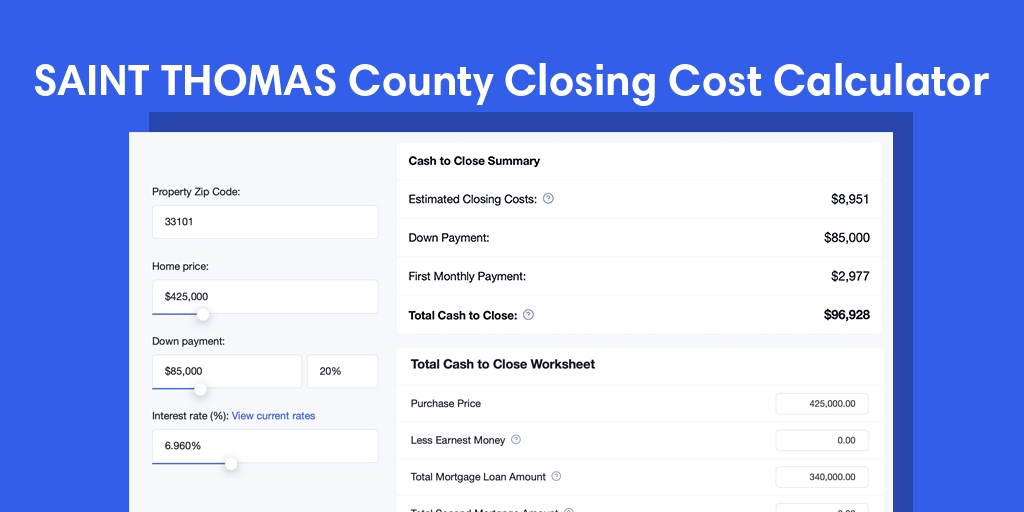 Saint Thomas County, VI Mortgage Closing Cost Calculator with taxes, homeowners insurance, and hoa