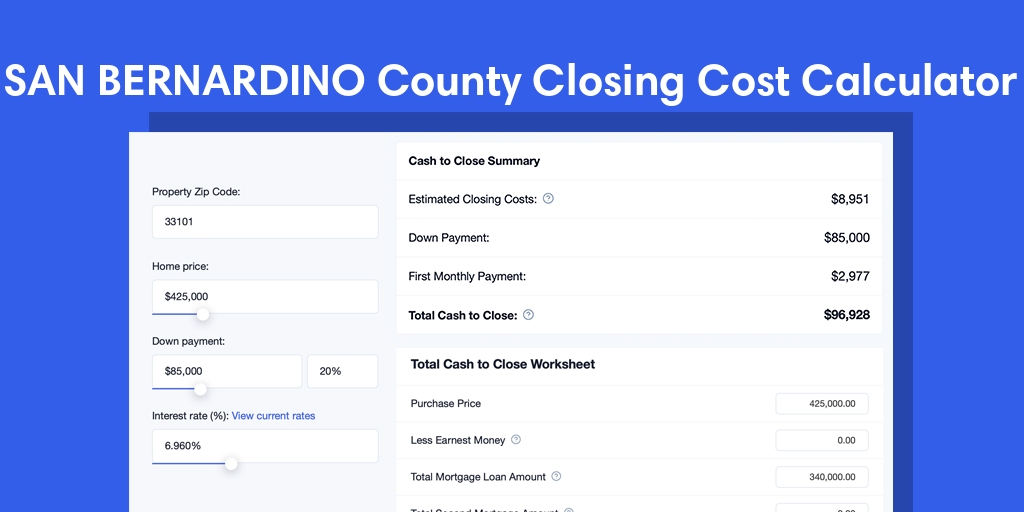 San Bernardino County, CA Mortgage Closing Cost Calculator with taxes, homeowners insurance, and hoa
