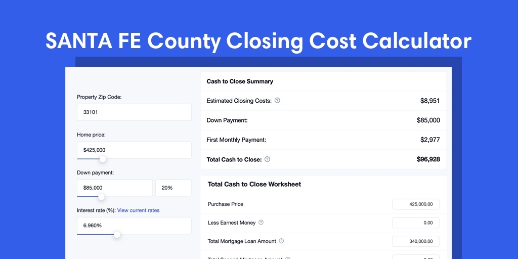 Santa Fe County, NM Mortgage Closing Cost Calculator with taxes, homeowners insurance, and hoa