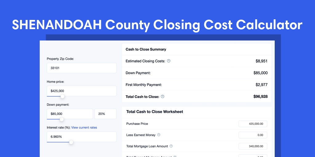 Shenandoah County, VA Mortgage Closing Cost Calculator with taxes, homeowners insurance, and hoa