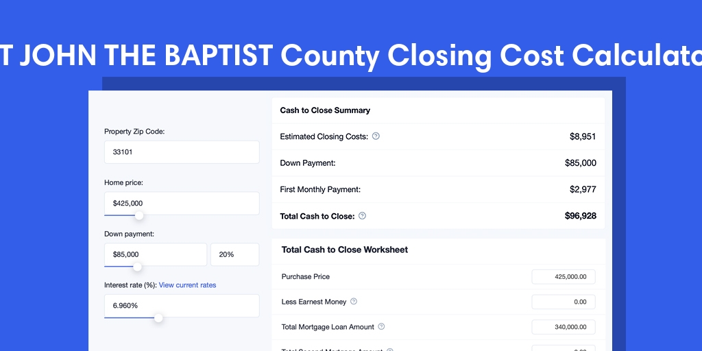 St John The Baptist County, LA Mortgage Closing Cost Calculator with taxes, homeowners insurance, and hoa