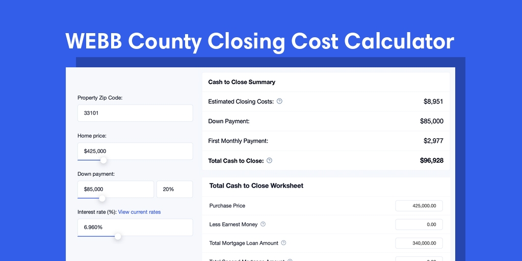 Webb County, TX Mortgage Closing Cost Calculator with taxes, homeowners insurance, and hoa
