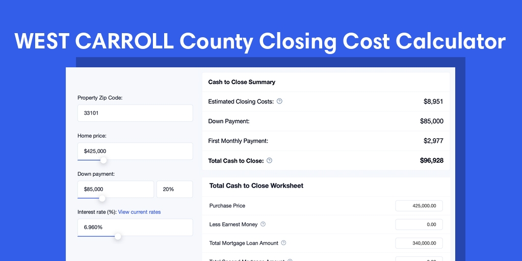 West Carroll County, LA Mortgage Closing Cost Calculator with taxes, homeowners insurance, and hoa