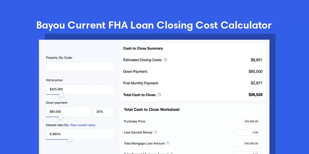 Bayou Current, LA FHA Loan Closing Cost Calculator