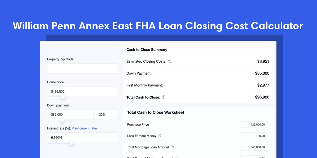 William Penn Annex East, PA FHA Loan Closing Cost Calculator William Penn Annex East, PA FHA Loan Closing Cost Calculator