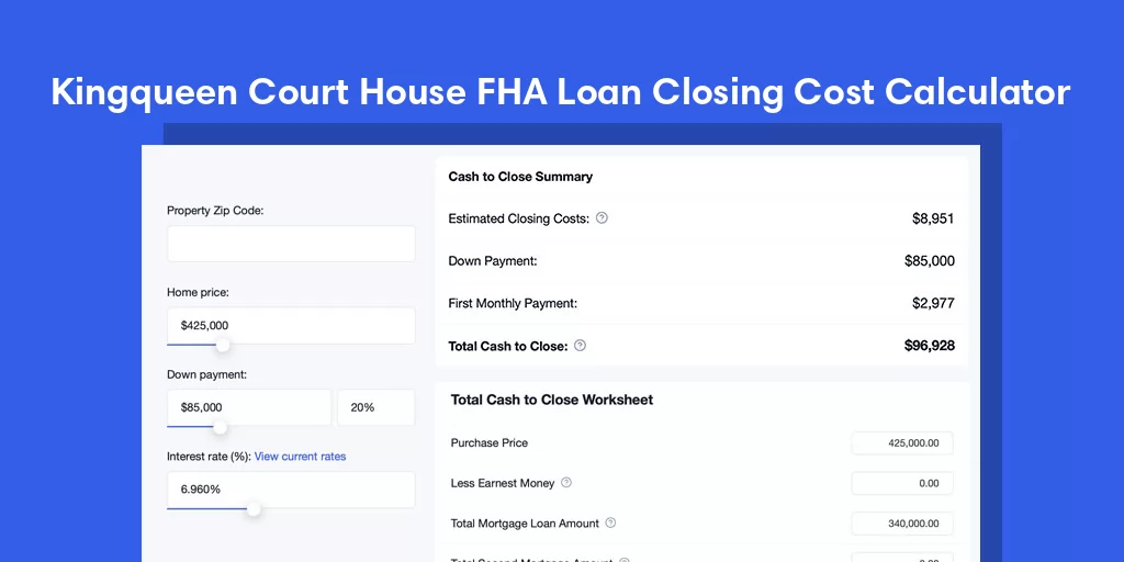 Kingqueen Court House, VA FHA Loan Closing Cost Calculator Kingqueen Court House, VA FHA Loan Closing Cost Calculator