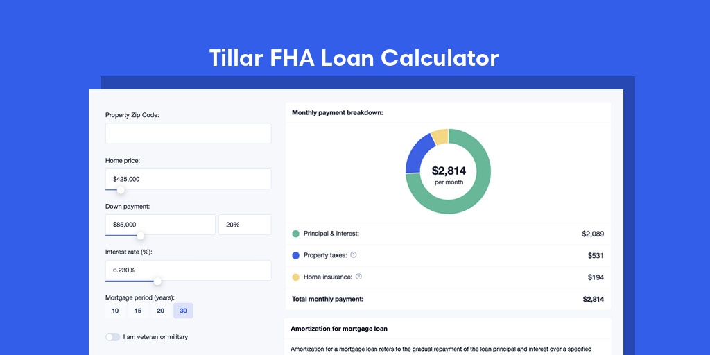 Tillar, AR FHA Loan Mortgage Calculator with taxes and insurance, PMI, and HOA