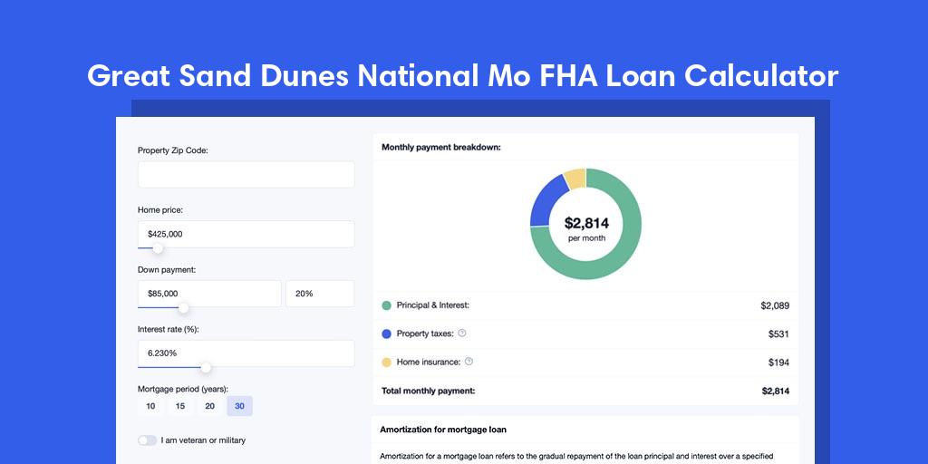 Explore Great Sand Dunes National Mo, CO FHA Loan Mortgage Calculator with property taxes and homeowners insurance, PMI, and HOA