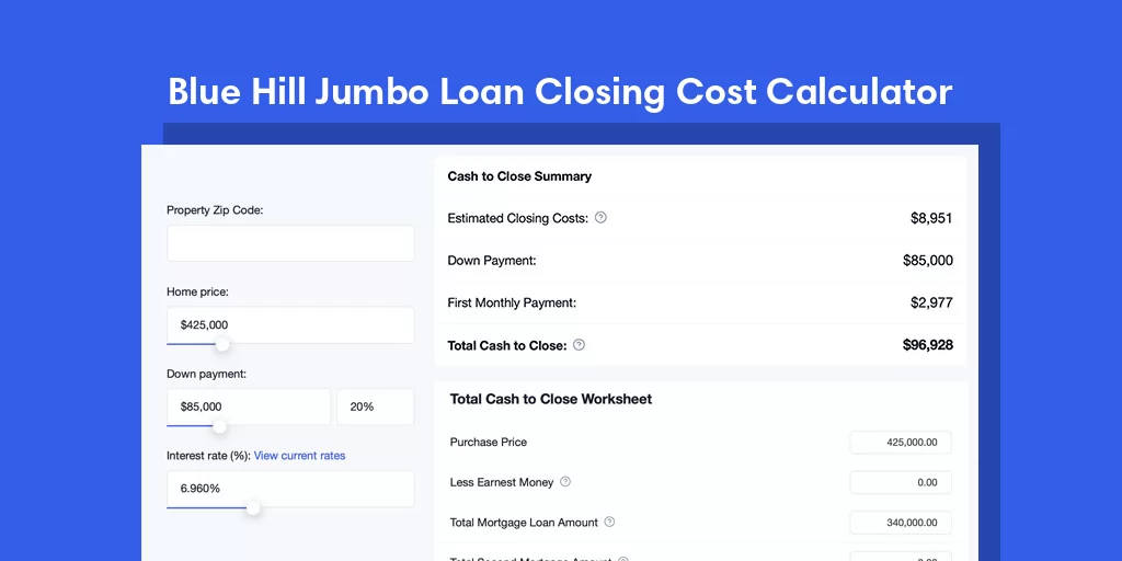 Blue Hill, AR Jumbo Loan Closing Cost Calculator