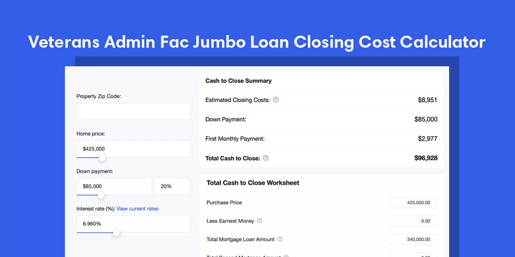 Veterans Admin Fac, AR Jumbo Loan Closing Cost Calculator