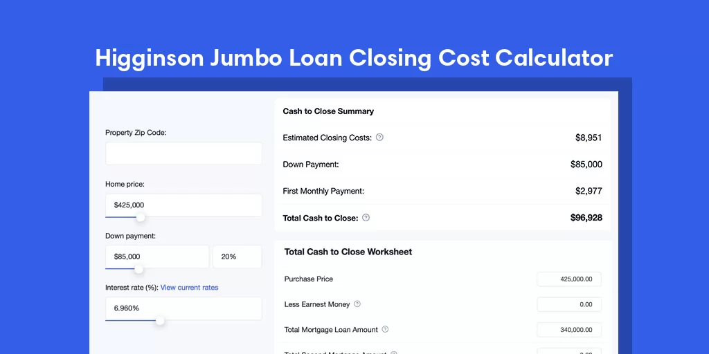 Higginson, AR Jumbo Loan Closing Cost Calculator