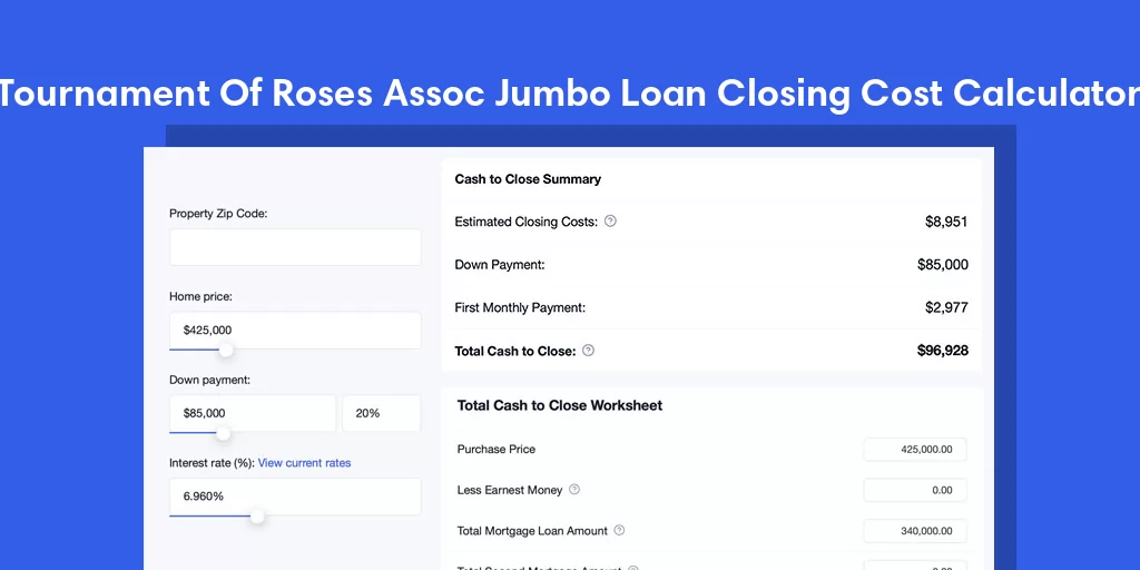 Tournament Of Roses Assoc, CA Jumbo Loan Closing Cost Calculator Tournament Of Roses Assoc, CA Jumbo Loan Closing Cost Calculator