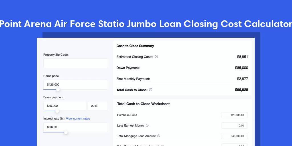 Point Arena Air Force Statio, CA Jumbo Loan Closing Cost Calculator Point Arena Air Force Statio, CA Jumbo Loan Closing Cost Calculator