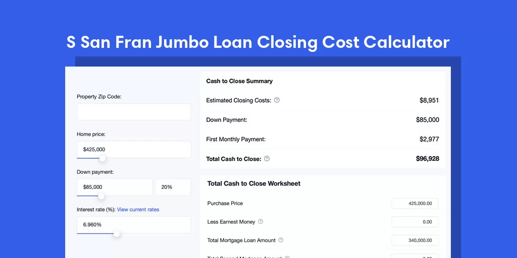 S San Fran, CA Jumbo Loan Closing Cost Calculator S San Fran, CA Jumbo Loan Closing Cost Calculator