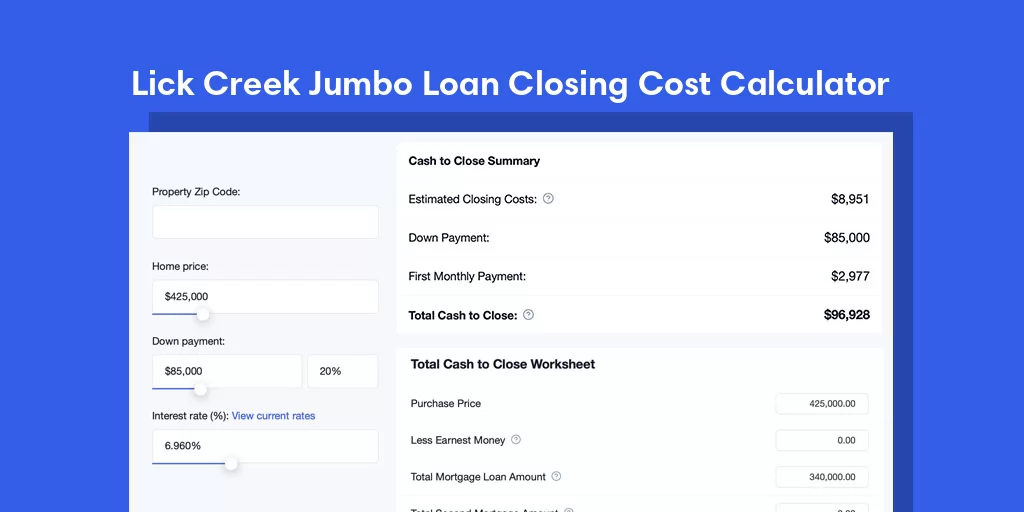 Lick Creek, IL Jumbo Loan Closing Cost Calculator