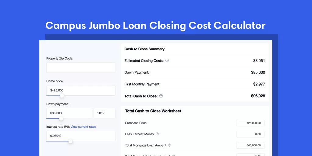 Campus, IL Jumbo Loan Closing Cost Calculator Campus, IL Jumbo Loan Closing Cost Calculator
