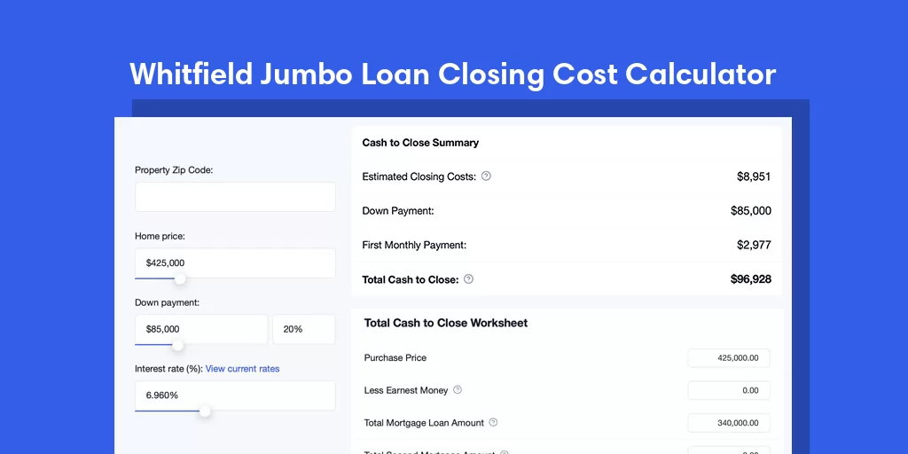 Whitfield, IN Jumbo Loan Closing Cost Calculator Whitfield, IN Jumbo Loan Closing Cost Calculator