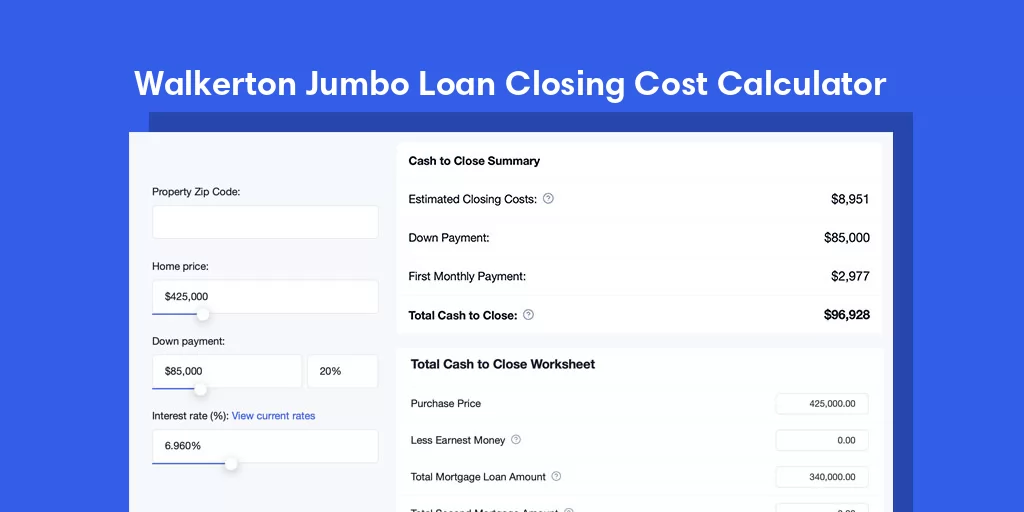 Walkerton, IN Jumbo Loan Closing Cost Calculator