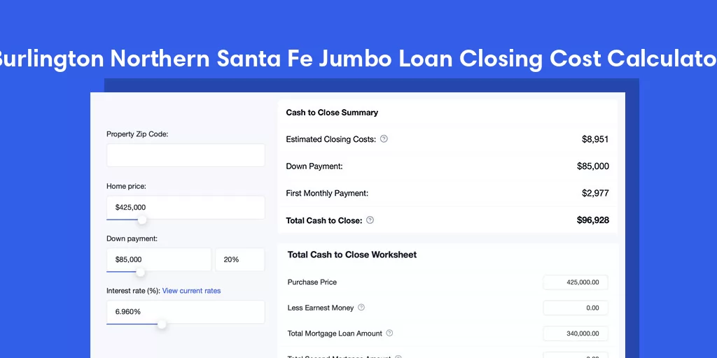 Burlington Northern Santa Fe, KS Jumbo Loan Closing Cost Calculator Burlington Northern Santa Fe, KS Jumbo Loan Closing Cost Calculator