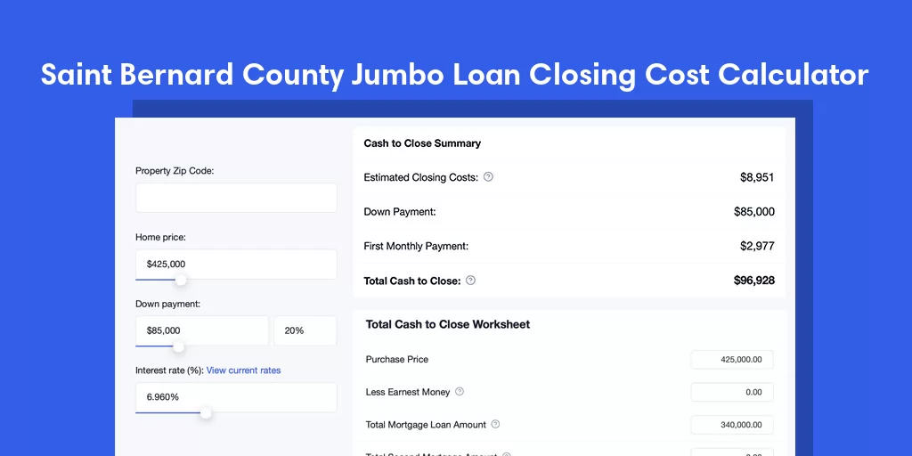 Saint Bernard County, LA Jumbo Loan Closing Cost Calculator