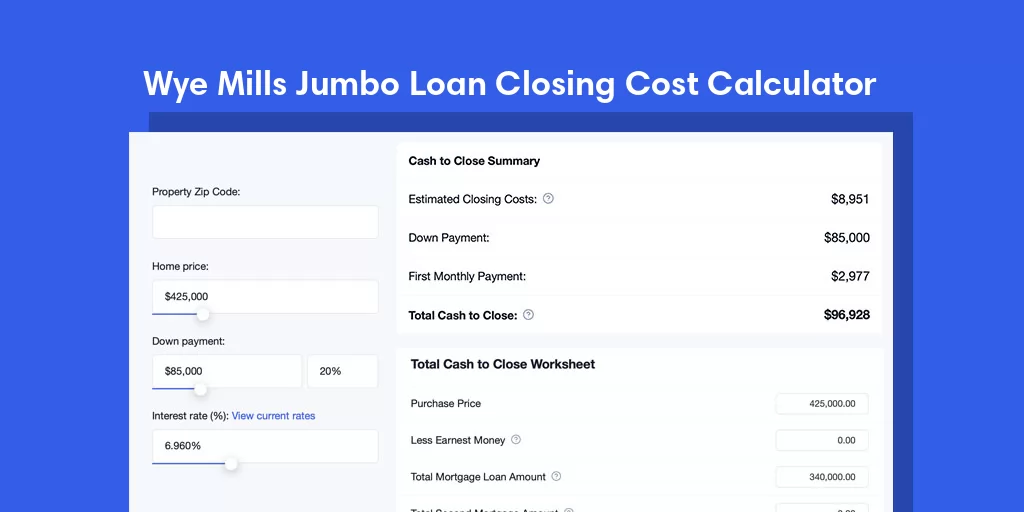 Wye Mills, MD Jumbo Loan Closing Cost Calculator