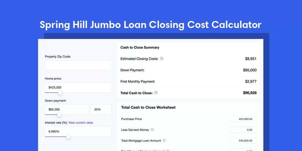 Spring Hill, MS Jumbo Loan Closing Cost Calculator
