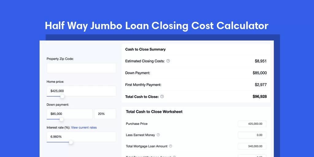 Half Way, MO Jumbo Loan Closing Cost Calculator