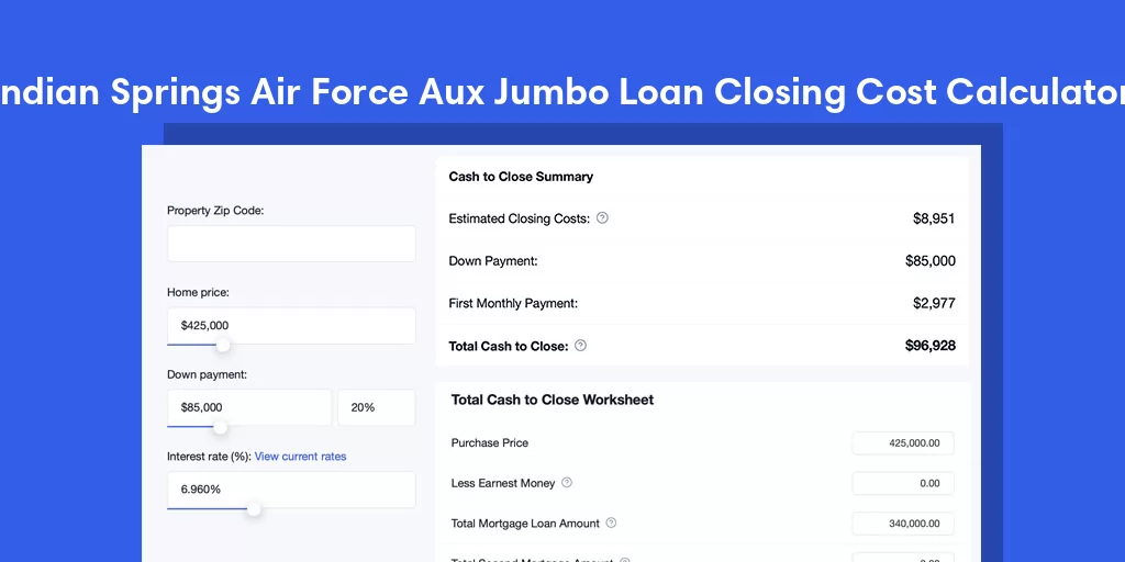 Indian Springs Air Force Aux, NV Jumbo Loan Closing Cost Calculator Indian Springs Air Force Aux, NV Jumbo Loan Closing Cost Calculator