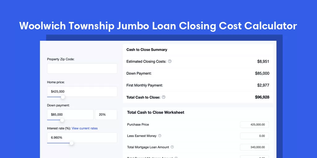 Woolwich Township, NJ Jumbo Loan Closing Cost Calculator