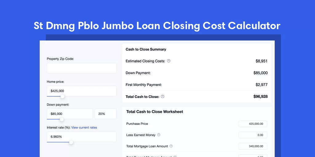 St Dmng Pblo, NM Jumbo Loan Closing Cost Calculator