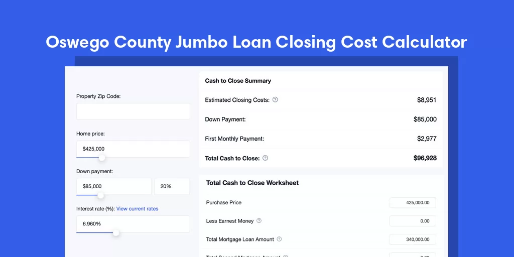 Oswego County, NY Jumbo Loan Closing Cost Calculator