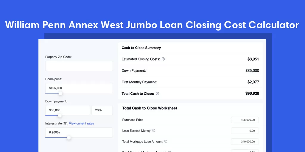 William Penn Annex West, PA Jumbo Loan Closing Cost Calculator