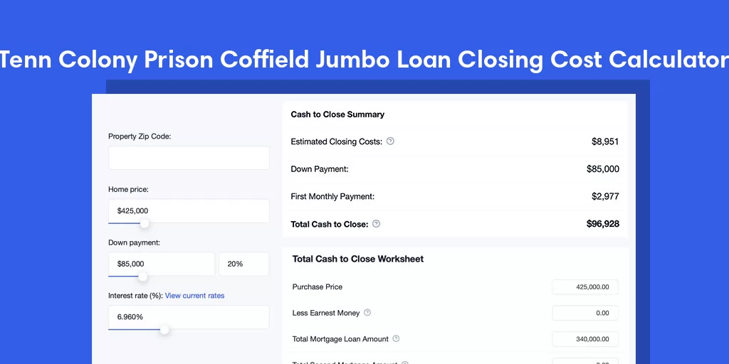 Tenn Colony Prison Coffield, TX Jumbo Loan Closing Cost Calculator