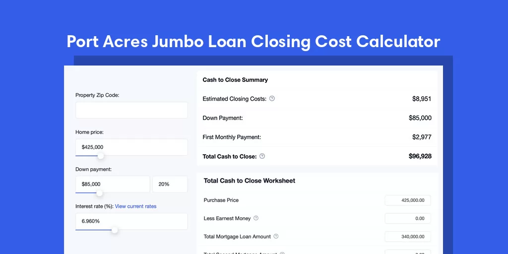 Port Acres, TX Jumbo Loan Closing Cost Calculator