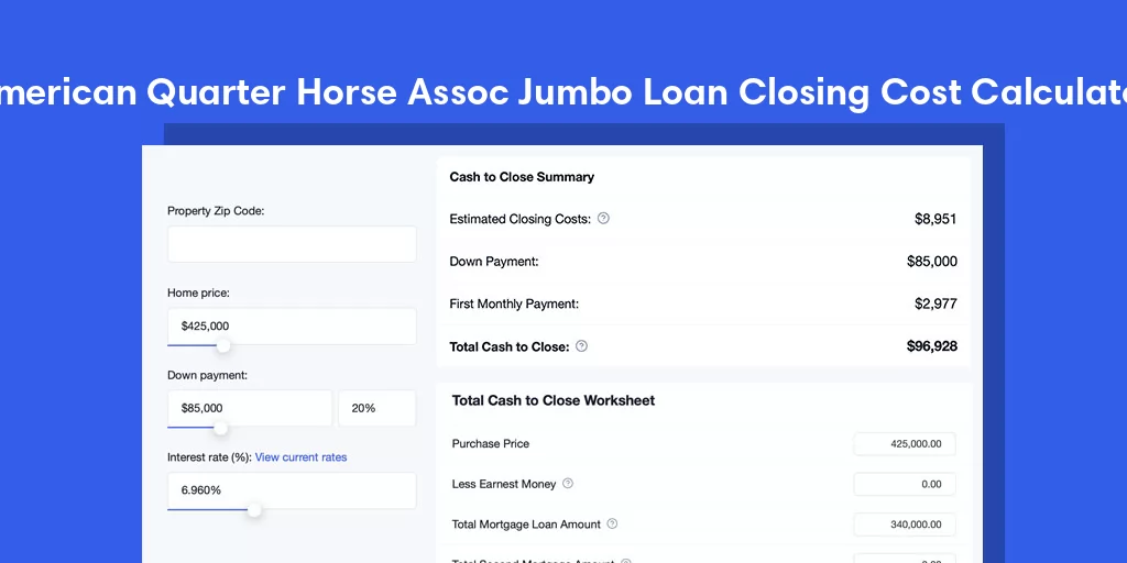 American Quarter Horse Assoc, TX Jumbo Loan Closing Cost Calculator American Quarter Horse Assoc, TX Jumbo Loan Closing Cost Calculator