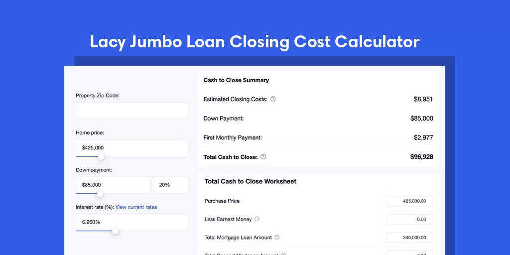 Lacy, TX Jumbo Loan Closing Cost Calculator