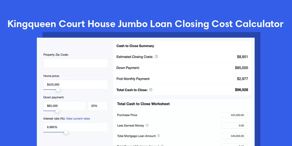Kingqueen Court House, VA Jumbo Loan Closing Cost Calculator Kingqueen Court House, VA Jumbo Loan Closing Cost Calculator