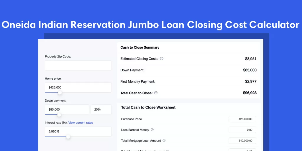 Oneida Indian Reservation, WI Jumbo Loan Closing Cost Calculator Oneida Indian Reservation, WI Jumbo Loan Closing Cost Calculator