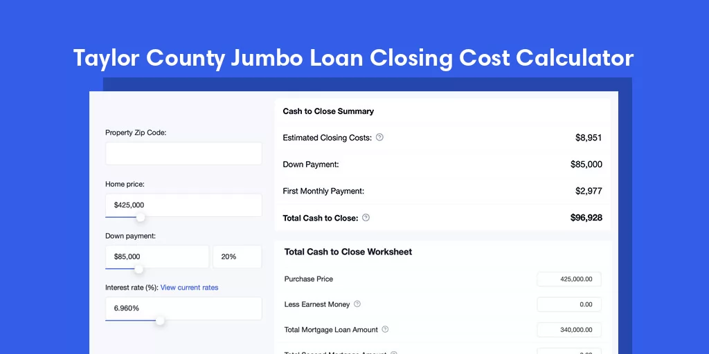 Taylor County, WI Jumbo Loan Closing Cost Calculator