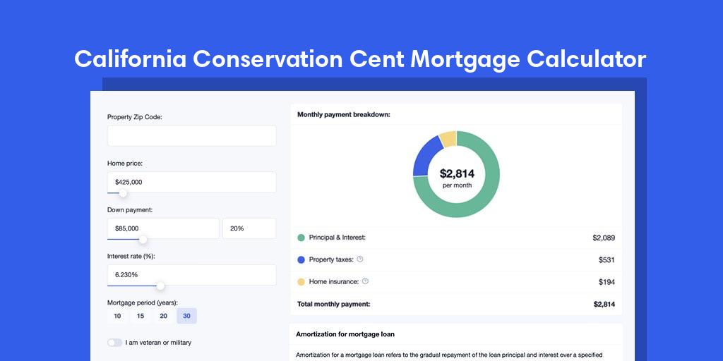 Explore California Conservation Cent, CA Mortgage Calculator with property taxes and homeowners insurance, PMI, and HOA