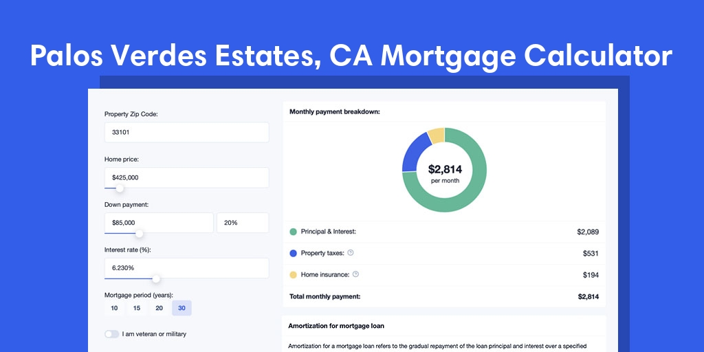 Palos Verdes Estates, CA Mortgage Calculator with taxes and insurance, PMI, and HOA