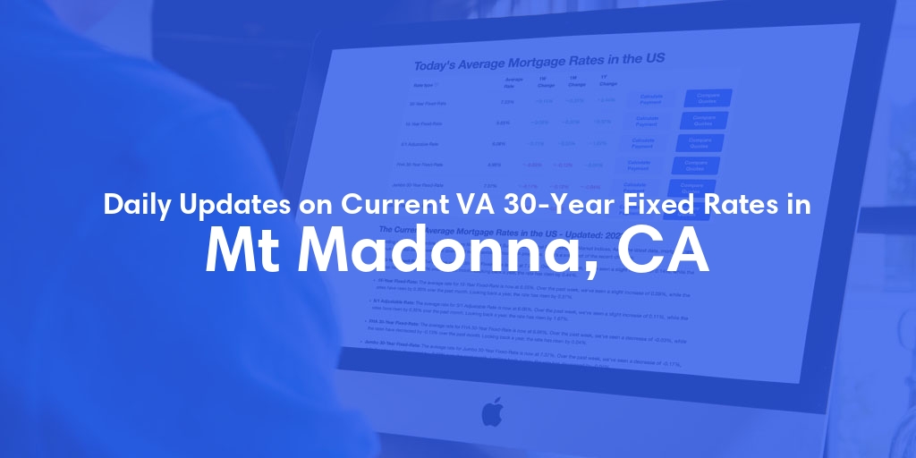 The Current Average VA 30-Year Fixed Mortgage Rates in Mt Madonna, CA - Updated: Mon, Apr 29, 2024